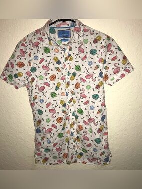 Made To Live Mens Small Tropical Print Button Down 100% Cotton Short Sleeve